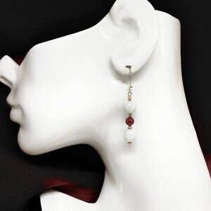 Elegant Vintage White Jade Carnelian 14k Gold Dangle Earrings